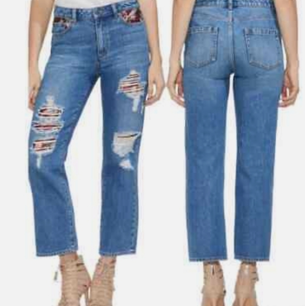 Brocade Tapestry Patch Distressed Straight Leg Crop Jeans Vince Camuto Sz